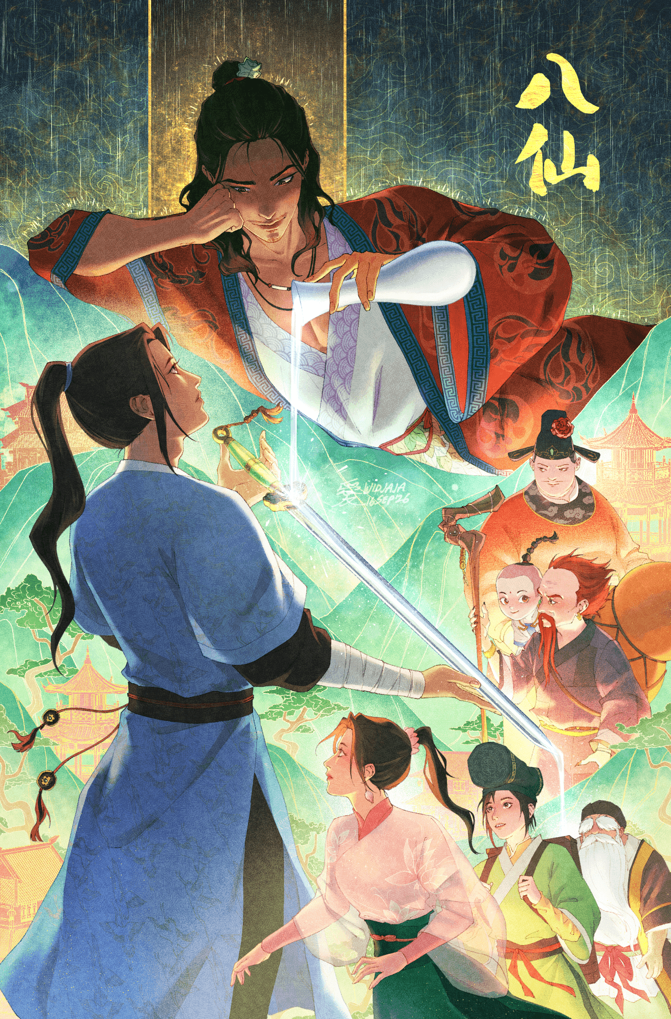 unofficial artwork of All Wishes Come True / ba xian, depicting all 8 immortals