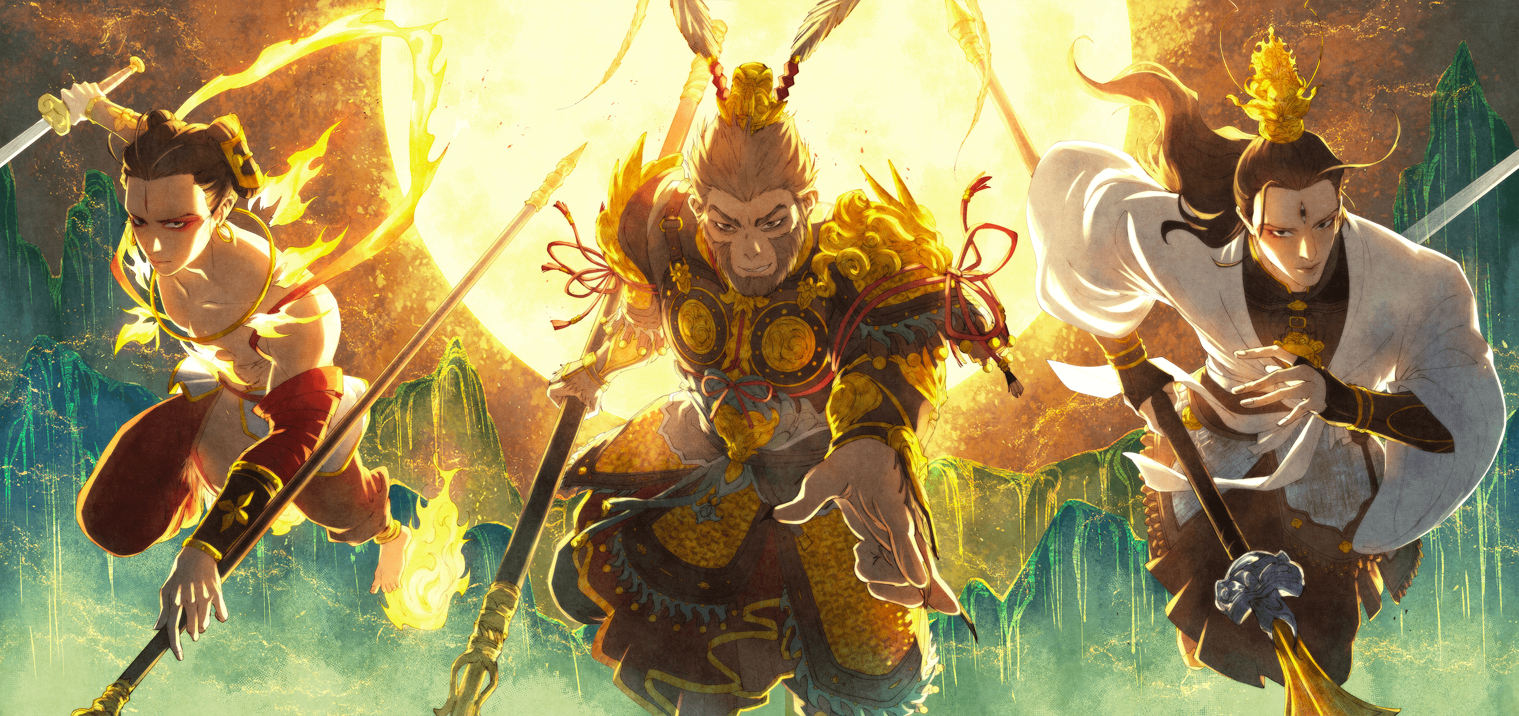 artwork of the three rebels of heaven from fengshen yanyi, featuring nezha, sun wukong, and yang jian