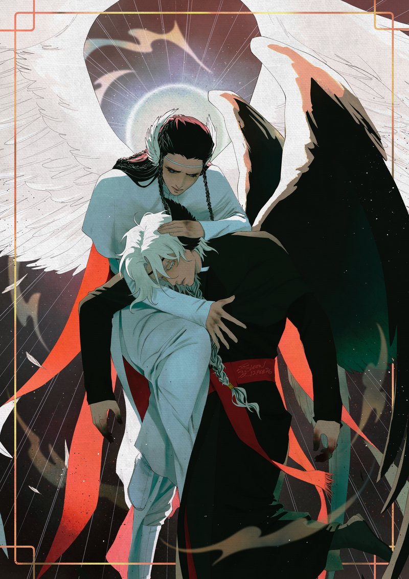 an artwork of my original characters, harper and clarion, in a pieta composition