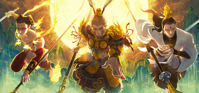 artwork of the three rebels of heaven from fengshen yanyi, featuring nezha, sun wukong, and yang jian