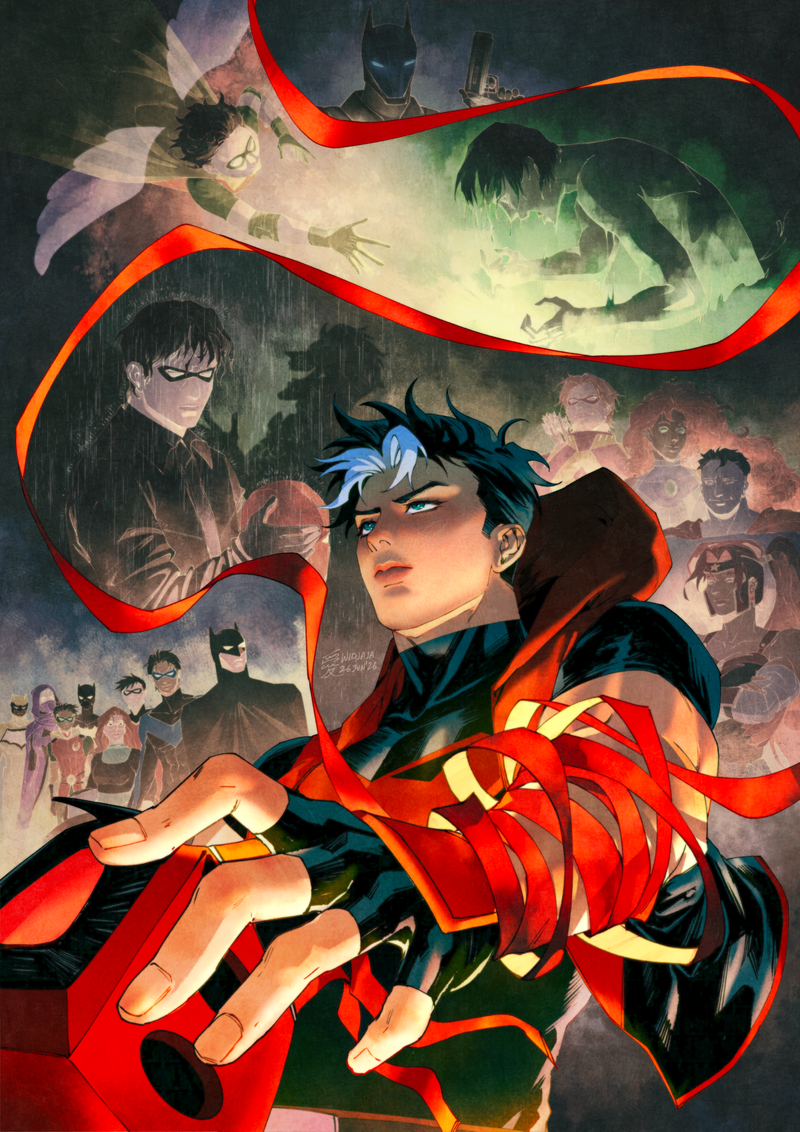 Artwork of Jason Todd/Red Hood with a background that shows his history